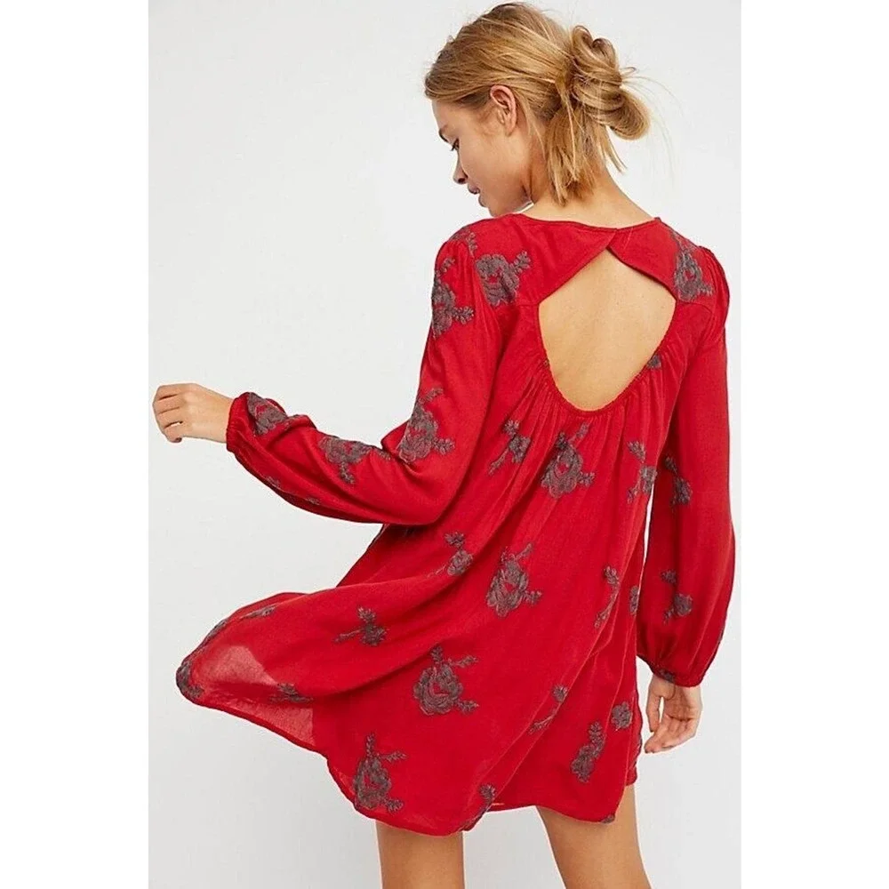 Free People Dress Women XS Red Austin Mini Embroidered Boho Lining Pullover - Picture 2 of 13